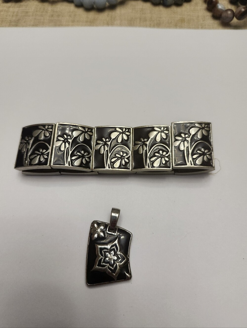 Floral Black & Silver Stretch Bracelet with A Lia Spohia Pendant